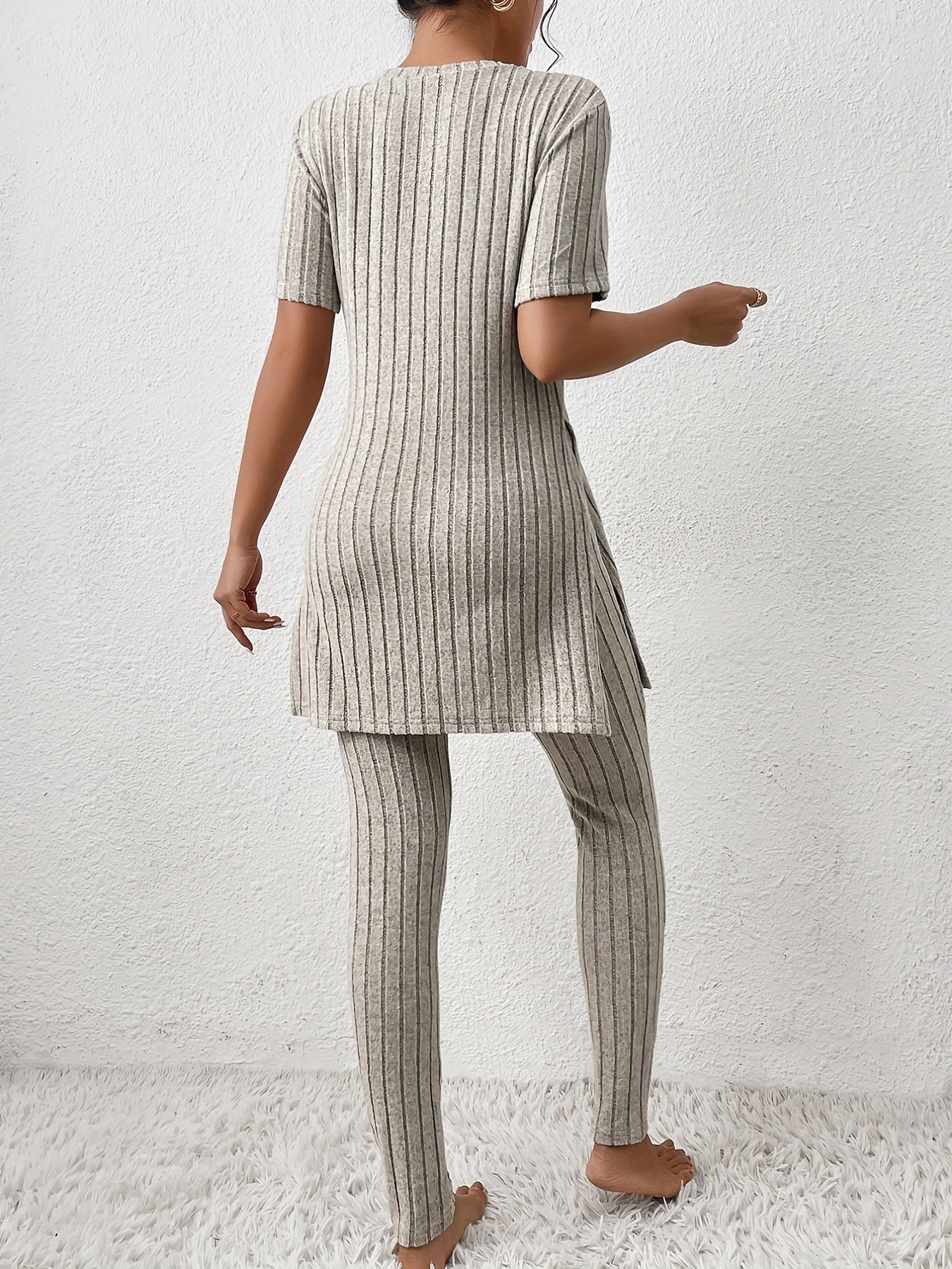 Ribbed Two piece Set Crew Neck Tops & Slim Pants Outfits