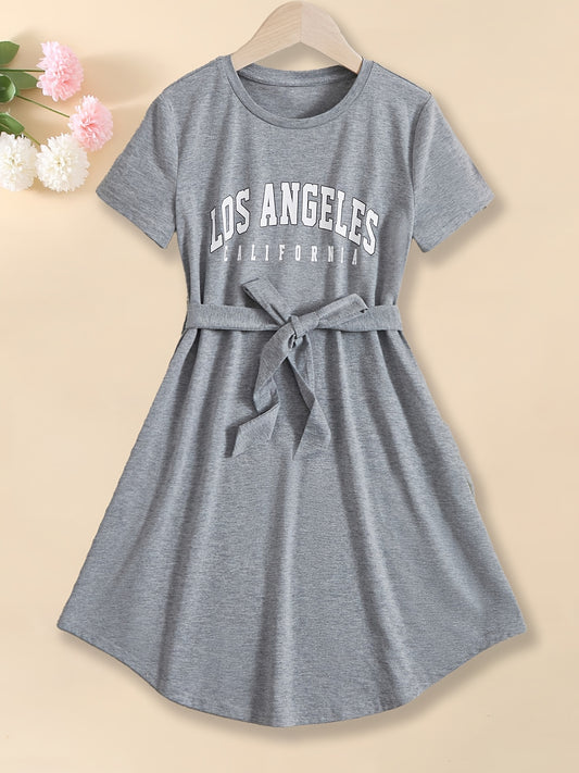 Girls' Short Sleeve T Shirt Dress with Belted Waist