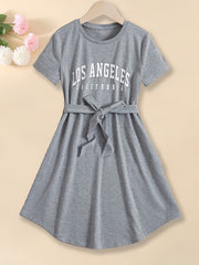 Girls' Short Sleeve T Shirt Dress with Belted Waist