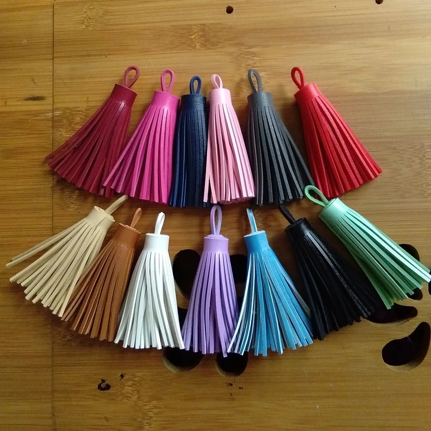 8cm Leather Tassel Key Chain Long PU Leather Key Ring Silver Beads Chain Pendant