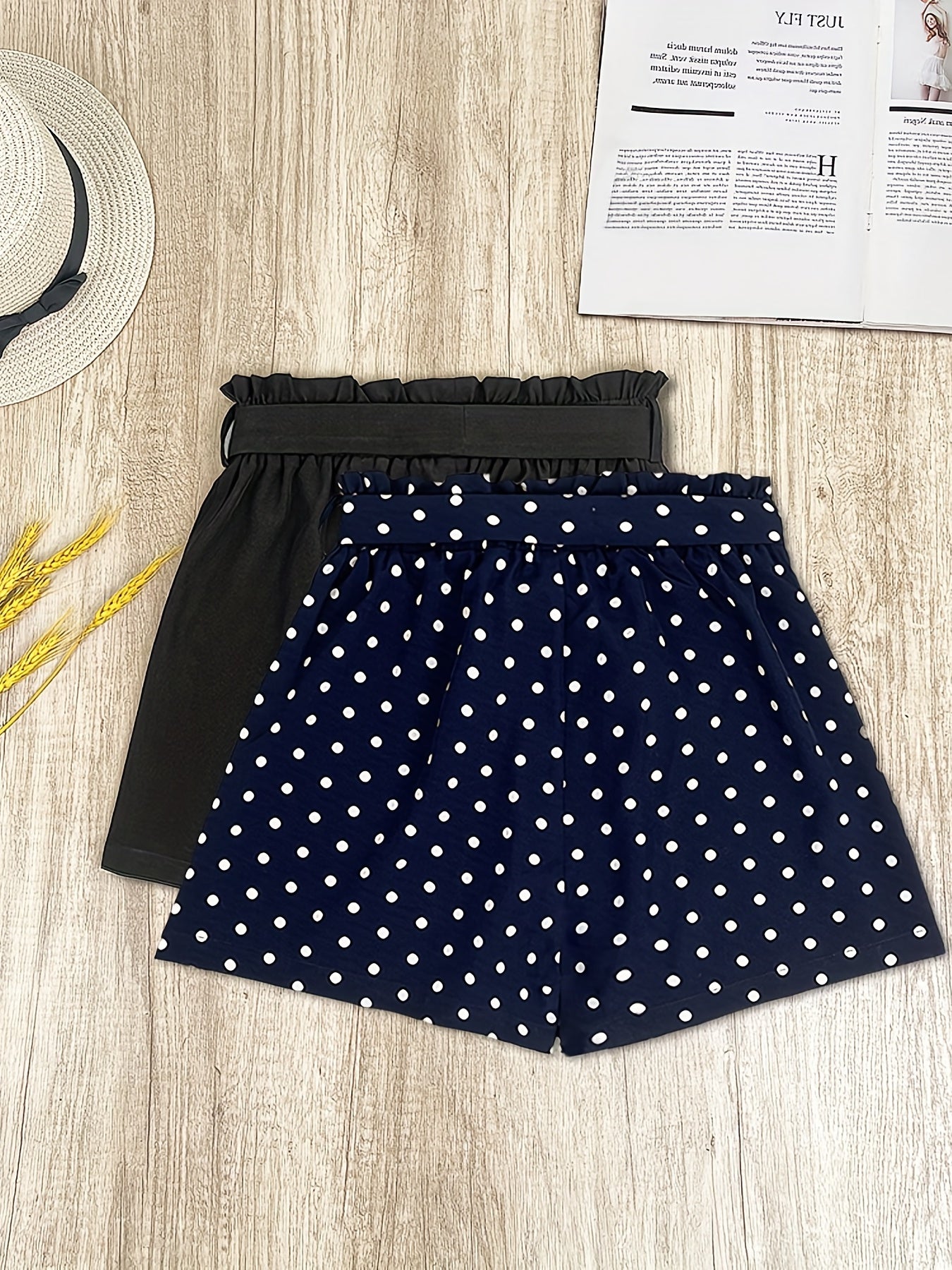 2 Pack Women's Casual Shorts: Solid Elastic & Polka Dot Tie Waist