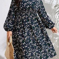  Ditsy Print Lantern Sleeve Midi Dress