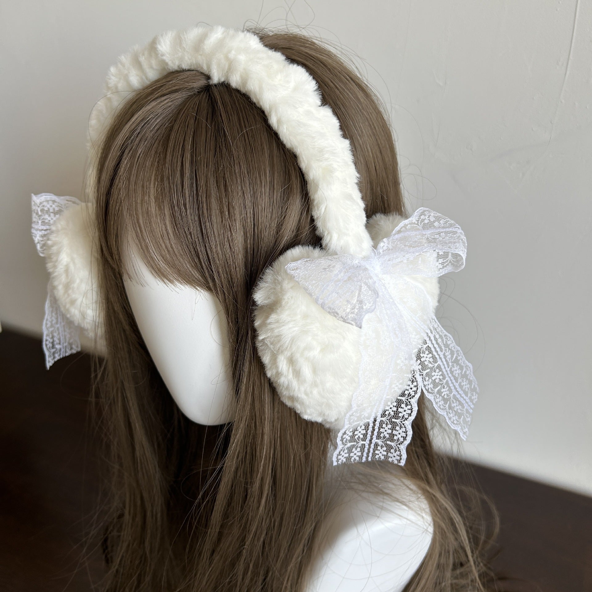 Winter Japanese Style Lace Bow Warm Headwear Fluffy Ear Muffs