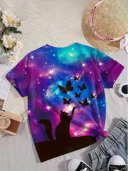 Girls Starry Sky & Kitty & Butterfly Print Short Sleeve T shirt