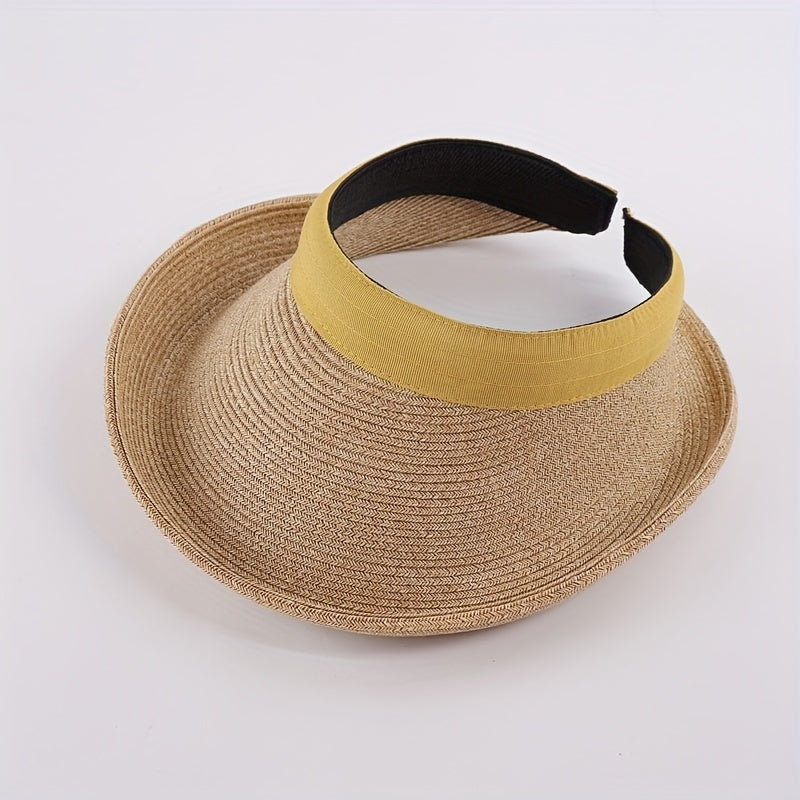 UV Protection Straw Sun Hat Roll Brim Ponytail Visor Hat Vintage Beach Hats