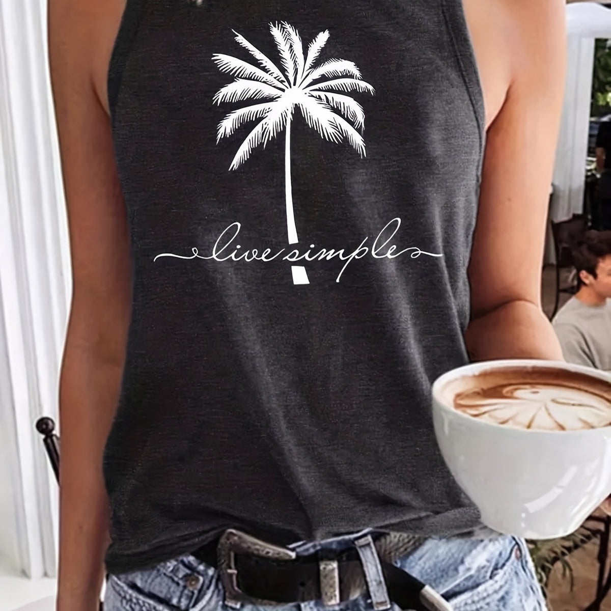 Coconut Tree Print Tank Top Sleeveless Crew Neck Casual Tops Women