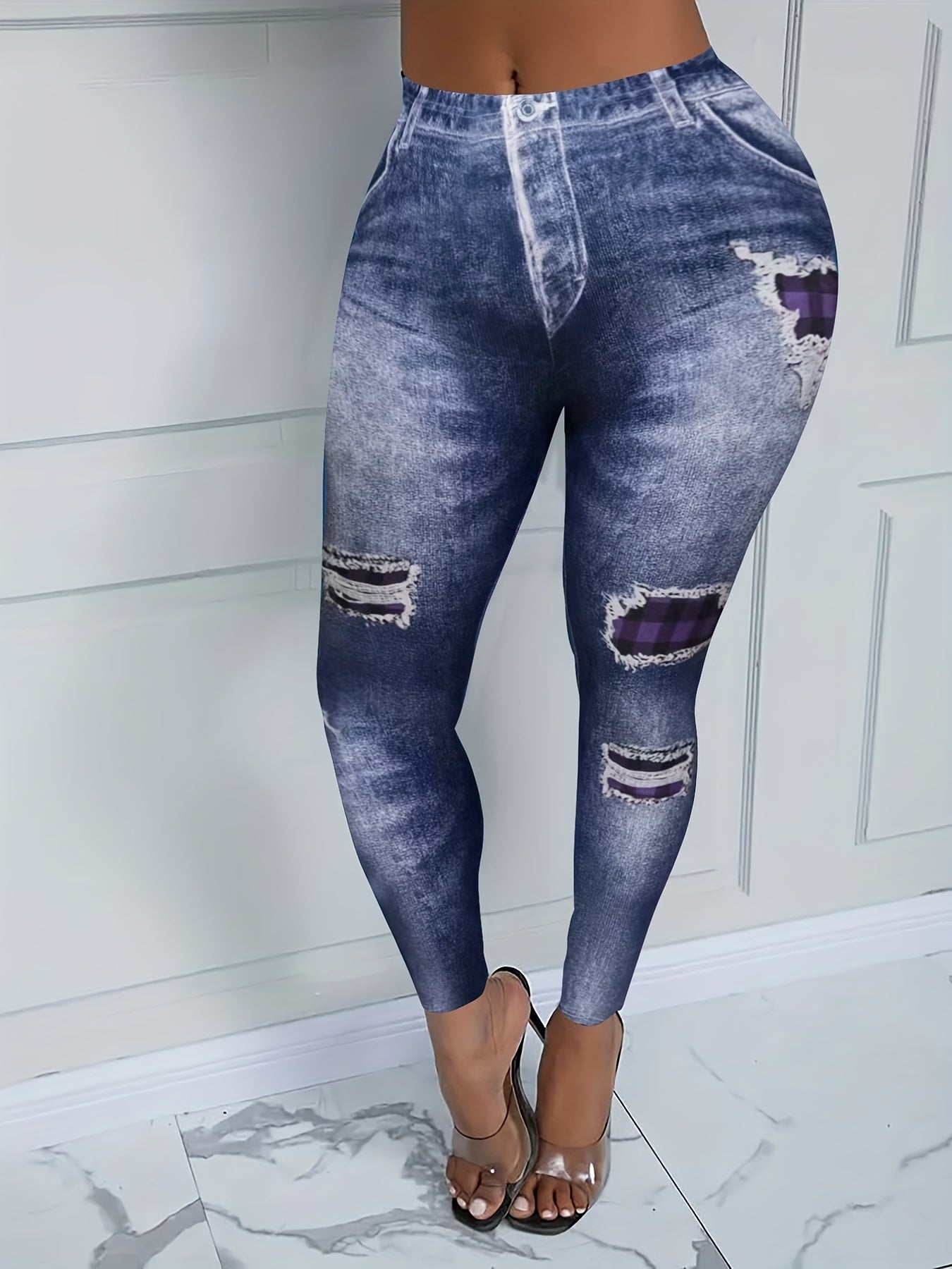 Denim Print Skinny Leggings Long Casual Pants