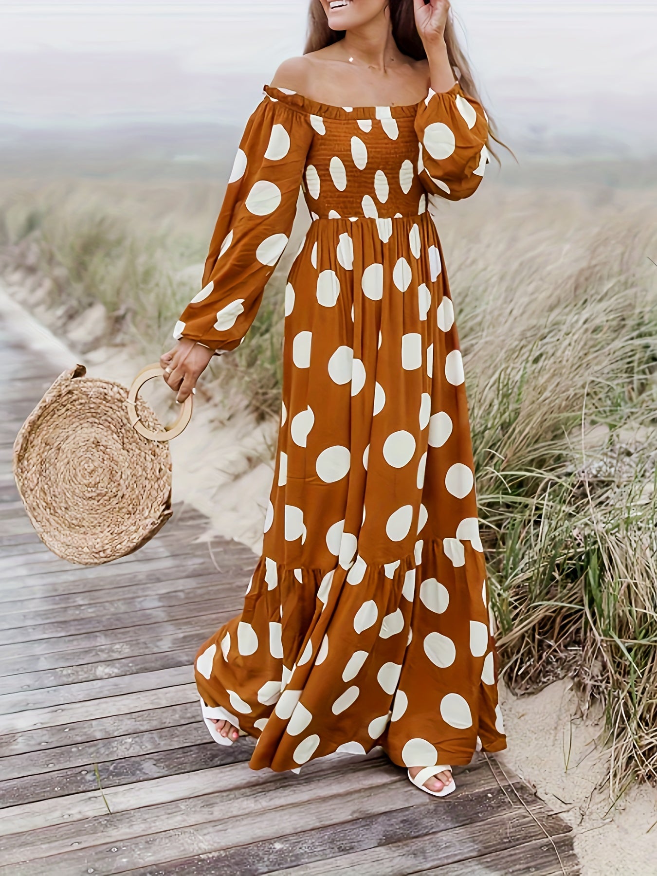 Plus Size Polka Dot Lantern Sleeve Smock Dress