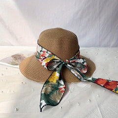 Wide Brim Sun Hat Flower Print Ribbon Bowknot Decor Travel Beach Hats UV Protect