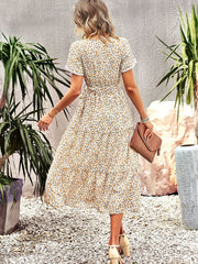 Floral Print Summer Vacation Dress V Neck Petal Sleeve Tiered Dress