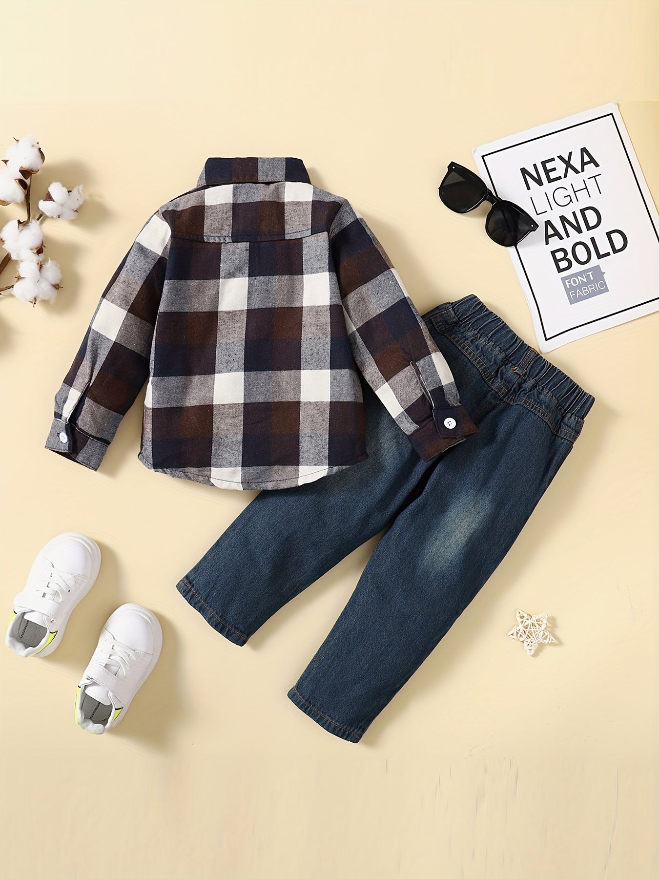 Boy's Plaid Shirt & Ripped Denim Pants Set For Spring Fall