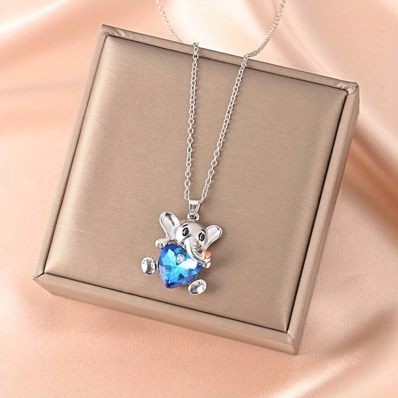 Elephant Crystal Heart Necklace Sweet Animal Pendant