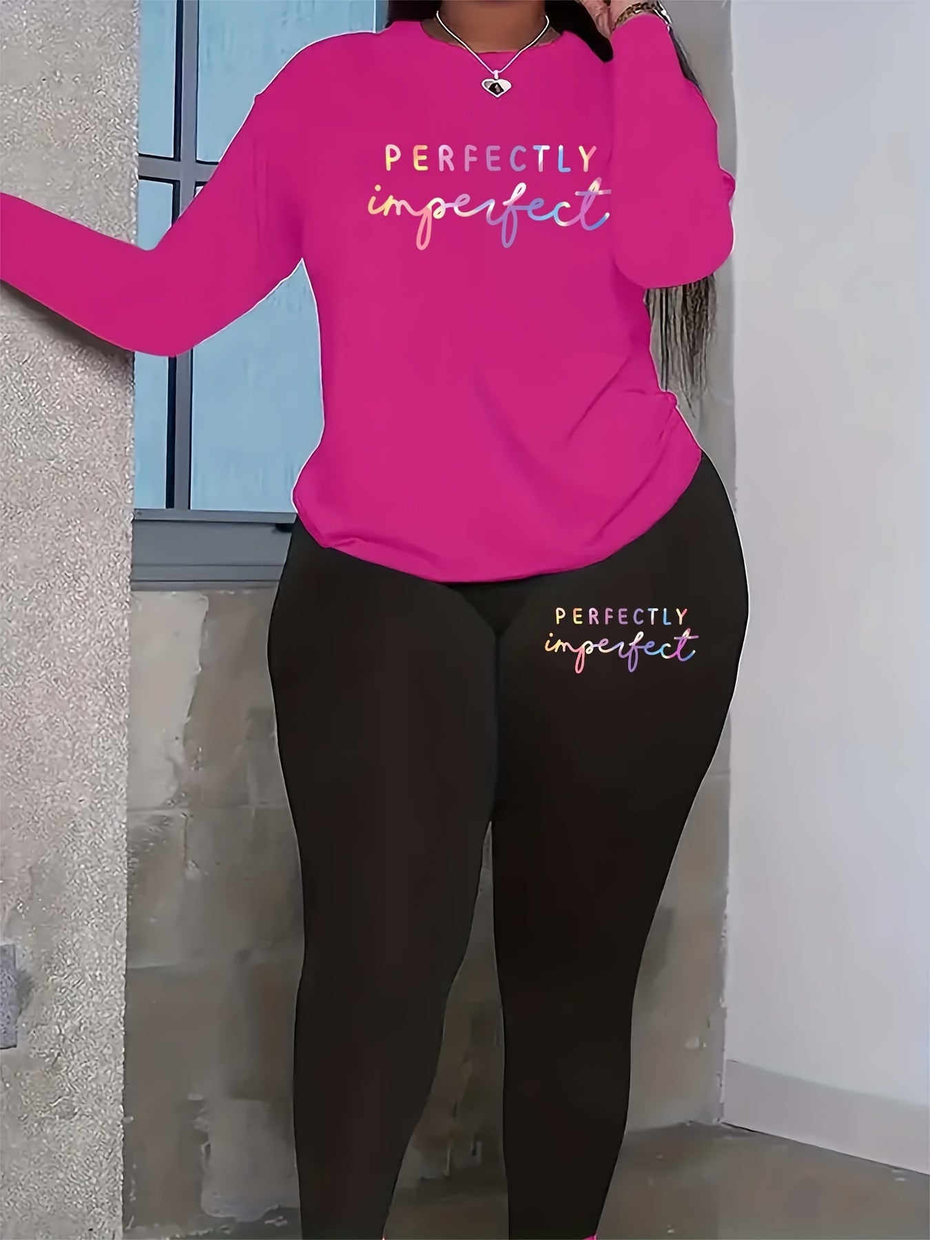 Women's Plus Letter Print Top & Leggings 2 Piece Set