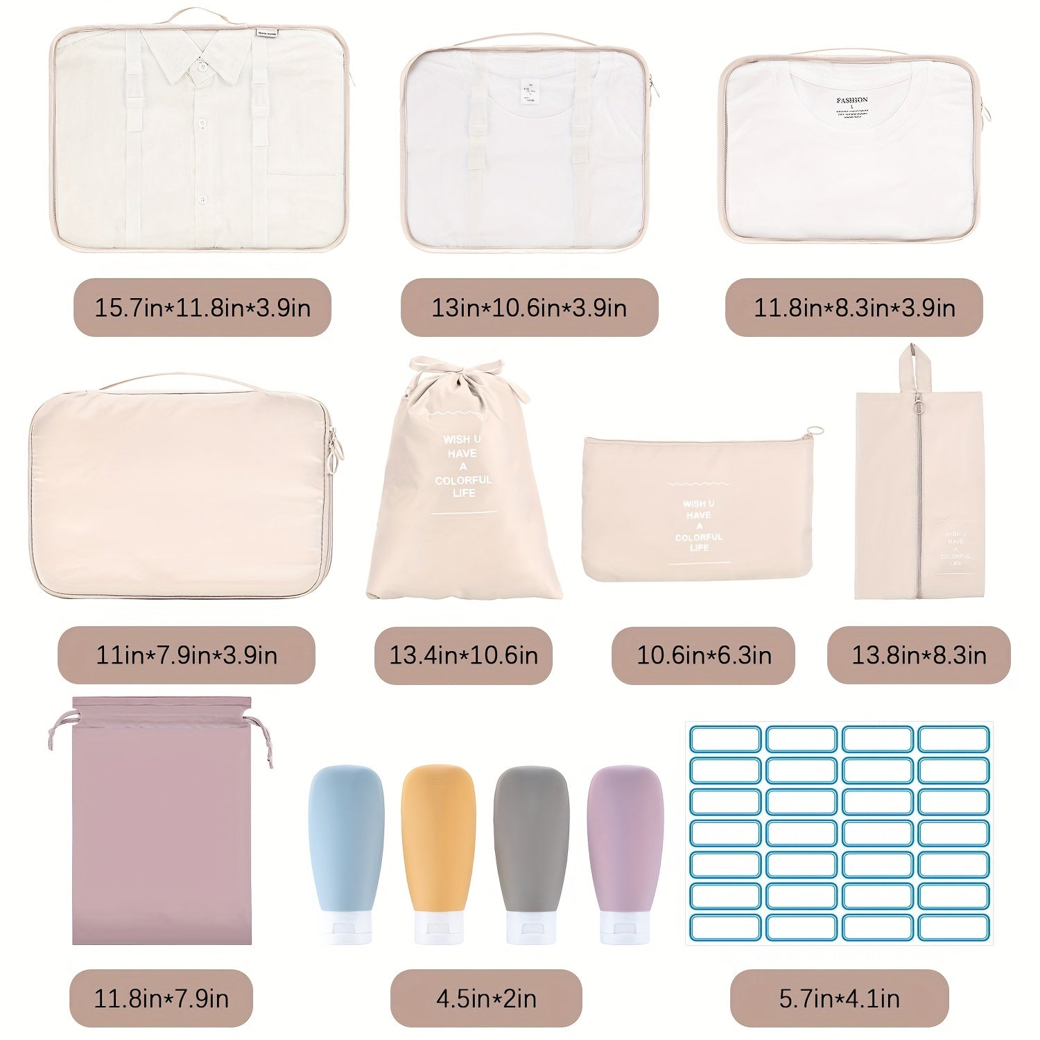 12pc Solid Zipper Packing Cubes Travel Organiser Bags Set