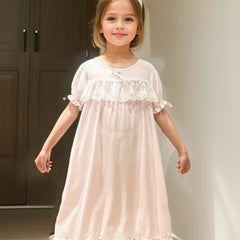 Girl's Puff Sleeve Nightgown Lace Bowknot PJ