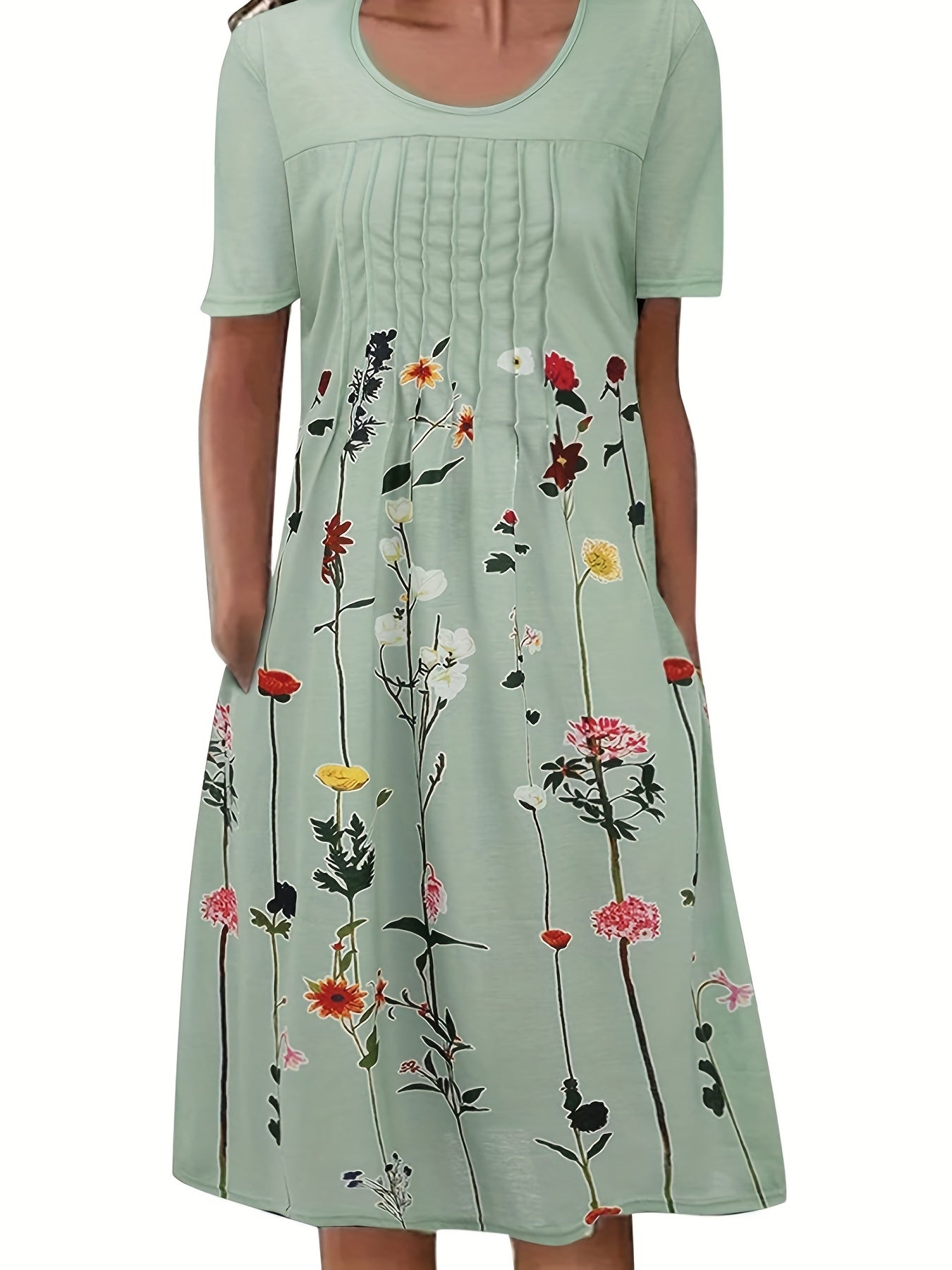  Floral Print Pleated Short Sleeve Dress