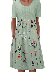 Floral Print Pleated Short Sleeve Dress