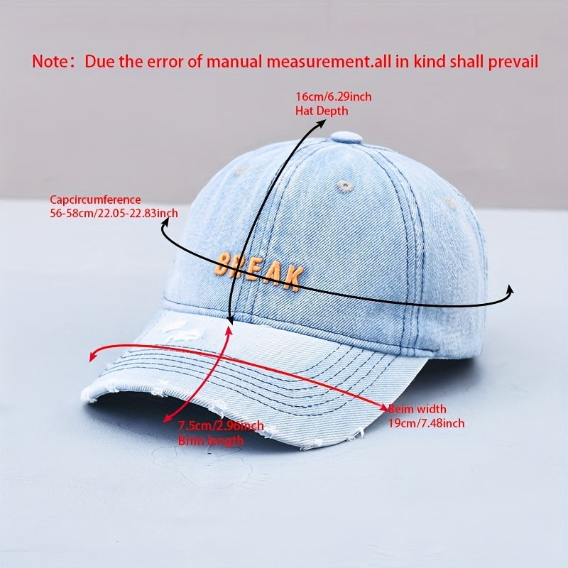 Distressed Embroidered Baseball Cap Washed Denim Sun Hat