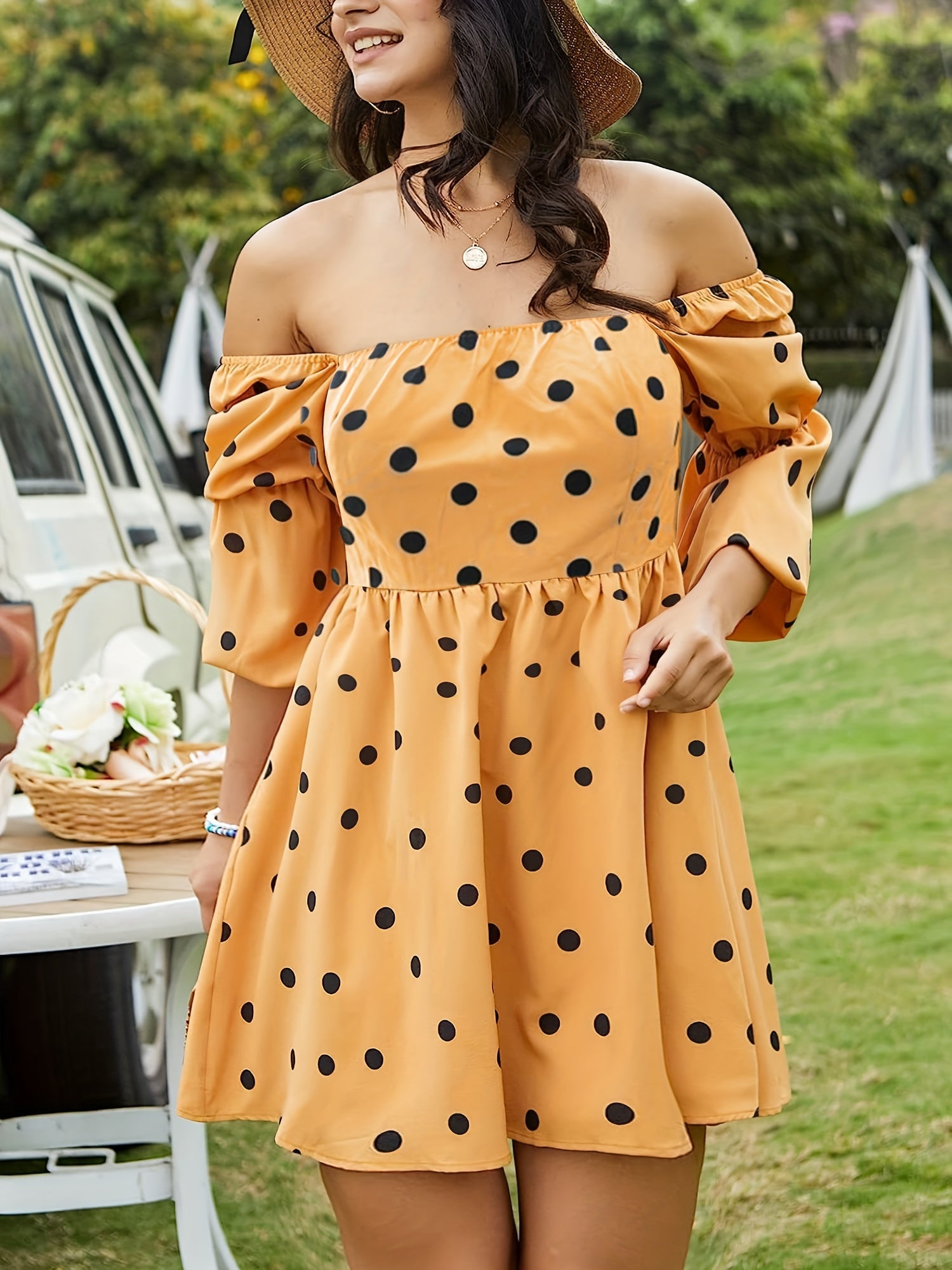  Off Shoulder Dot Print Puff Sleeve A line Mini Dress