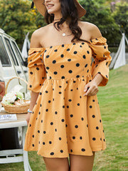  Off Shoulder Dot Print Puff Sleeve A line Mini Dress