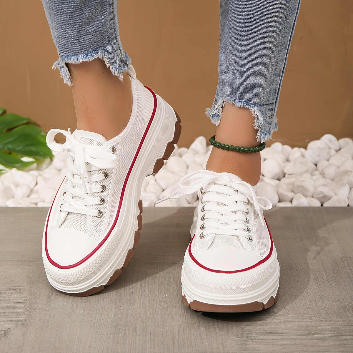 Women's Mesh Sneakers Lace Up Low Round Toe Thick Bottom Shoes