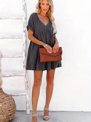  Short Sleeve V Neck Tunic Mini Dress With Pockets