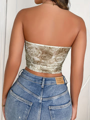 Floral Print Tube Top Sexy Backless Slim Ruched Sleeveless Top