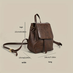 Small Drawstring Flap Backpack PU Leather Textured School Backpack