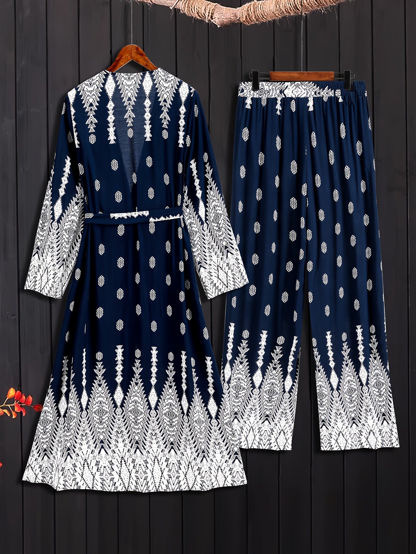  Boho Outfit Set Women's Plus Geo Print Cardigan & Pants Set