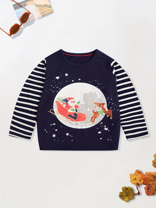 Christmas Sleigh Print Boy's Xmas T shirt Kids Long Striped Sleeve