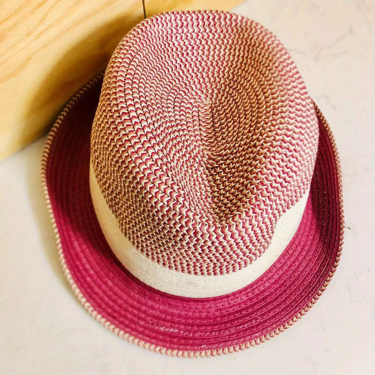 Rose Red Rolled Brim Fedora Cap Vintage Jazz Straw Hat Casual Block Top Hat