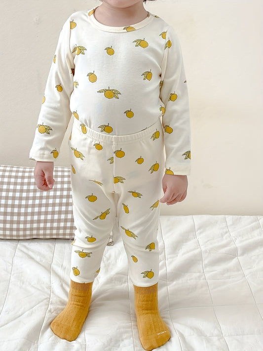 Boys Lemon Print 2pcs Pajamas Set Long Sleeve Top & Pants