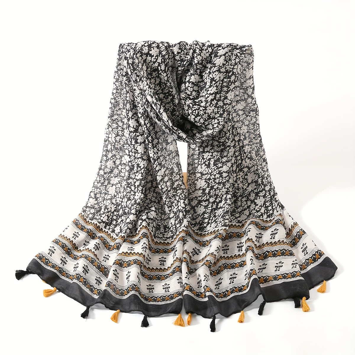 Boho Floral Print Tassel Scarf Block Shawl Hijab Sunscreen Towel