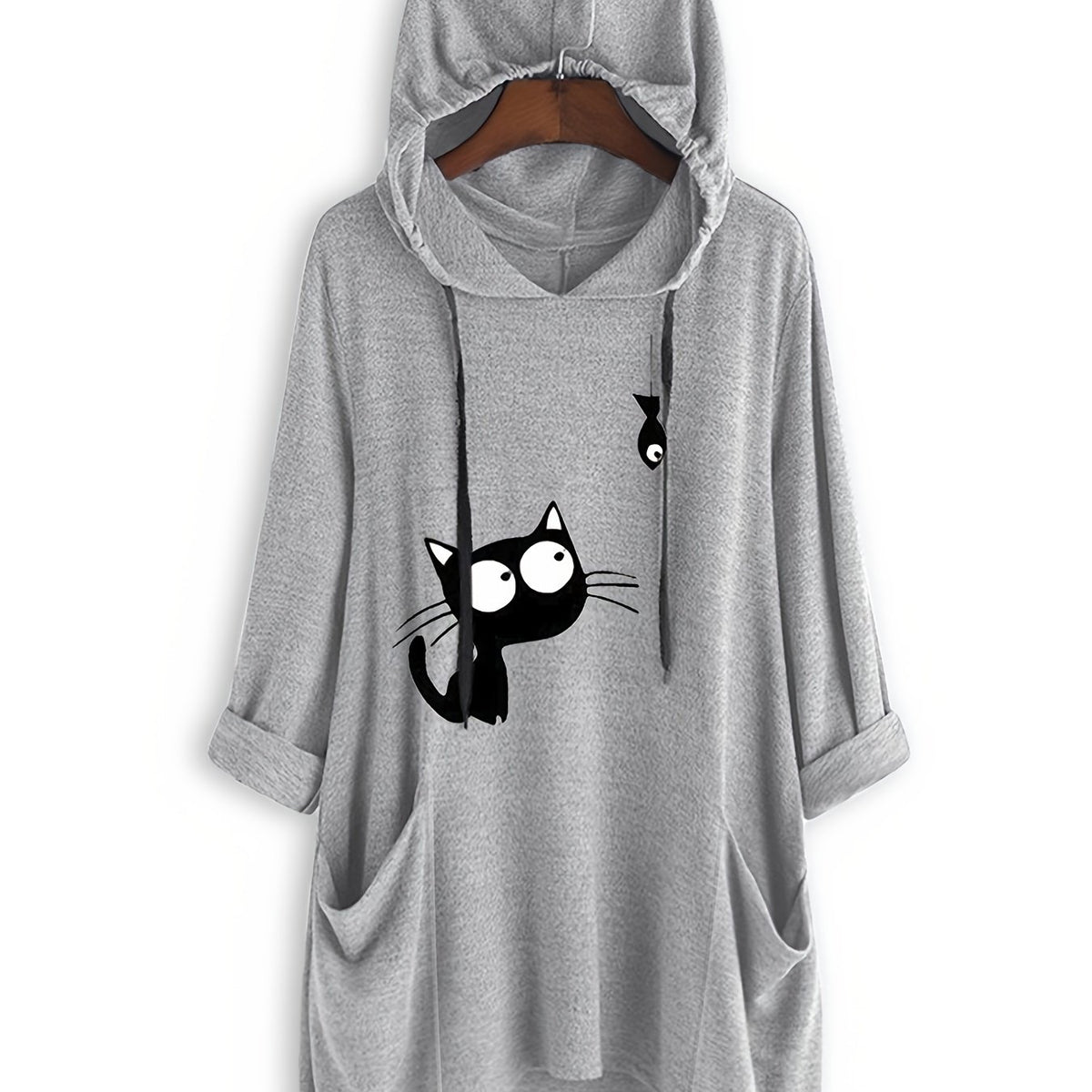 Cat Print Drawstring Hoodie Casual Long Sleeve Sweatshirt