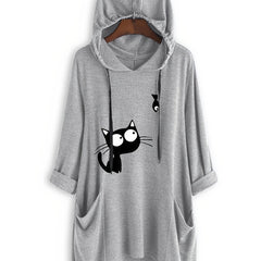 Cat Print Drawstring Hoodie Casual Long Sleeve Sweatshirt