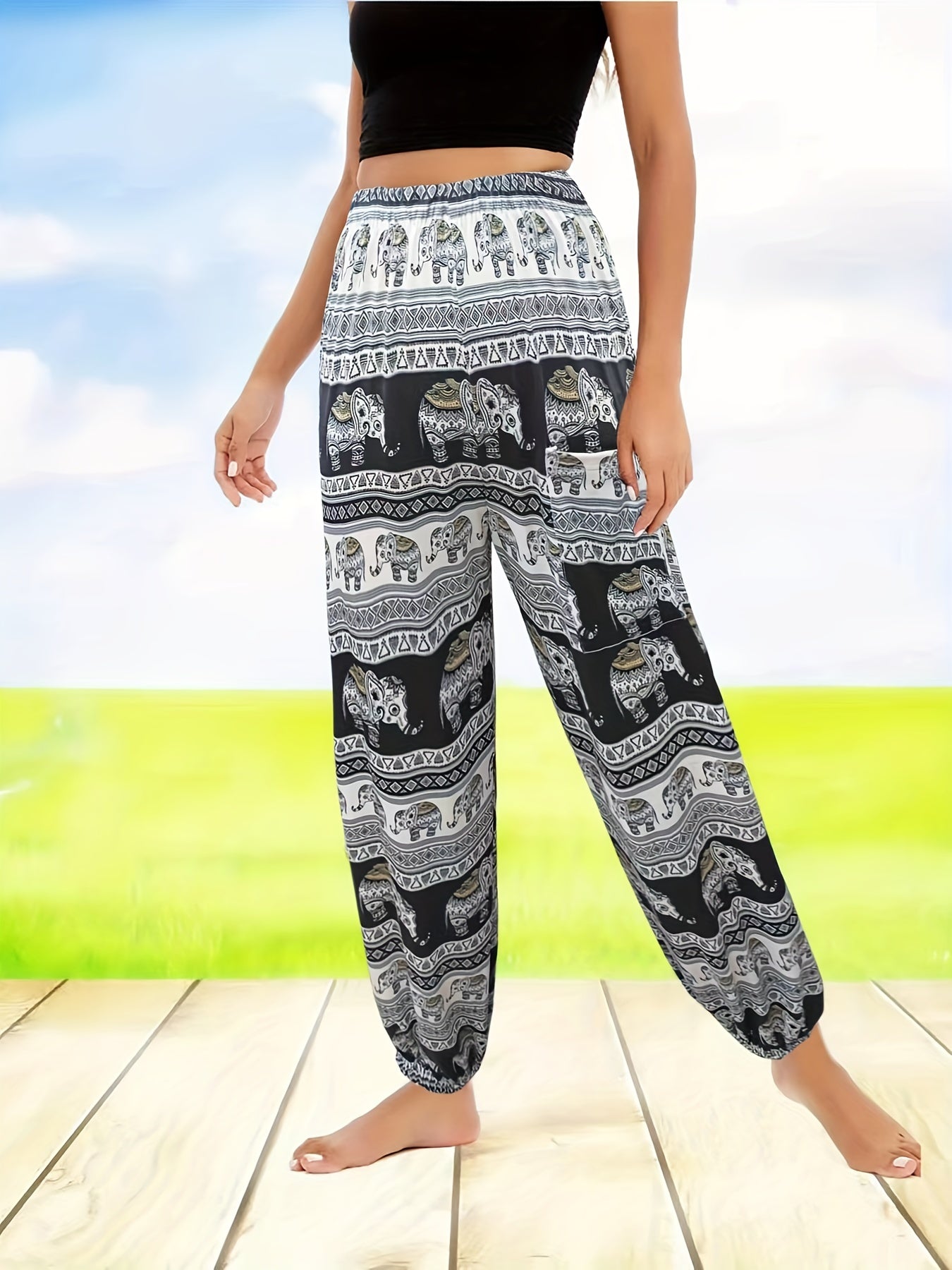 Boho Print High Rise Tapered Leg Pants with Pockets