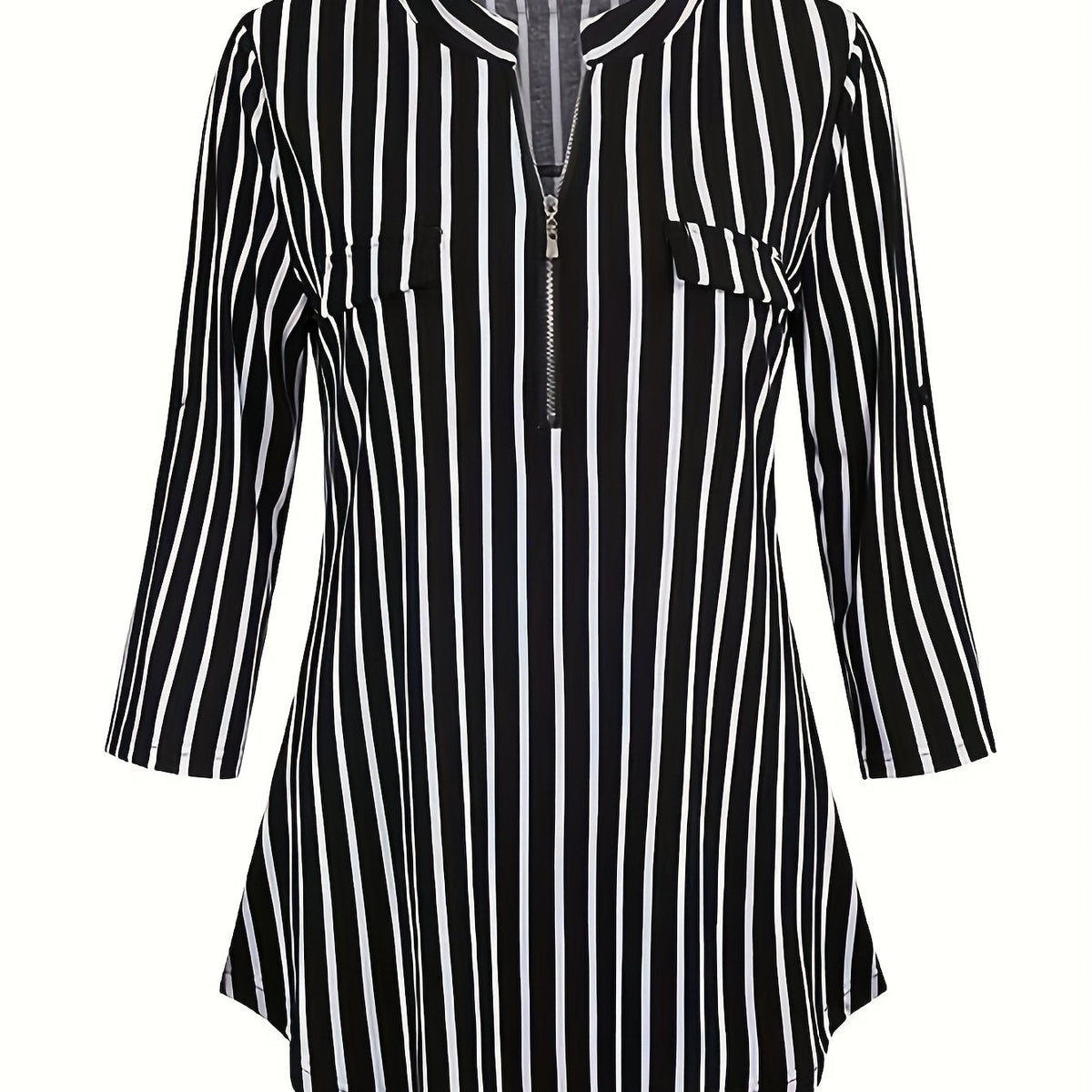  Stripe Print Half Zipper V Neck Top