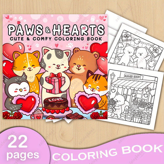 Deluxe Paws & Hearts Coloring Book - 20 Pages - Unique Cover Design