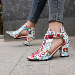 Flower Pattern Block Heels Comfortable Open Toe Sandals