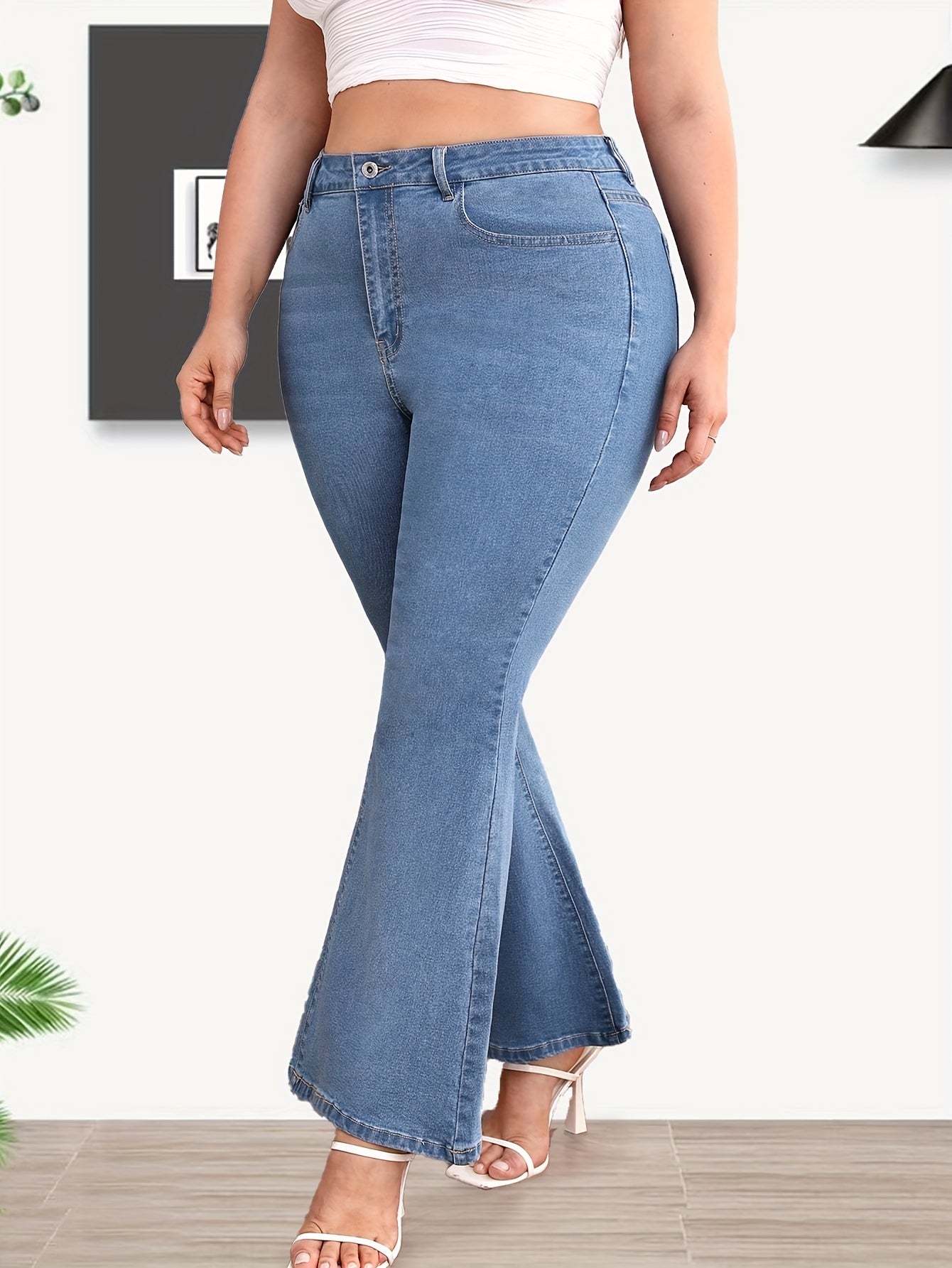  Washed Button Fly High Rise Flared Leg Jeans