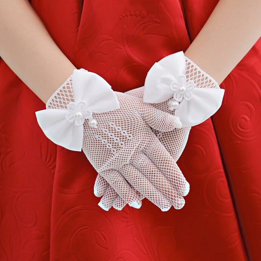 Girls Mesh Bow Lace Faux Pearl Gloves Party Supplies