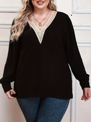  Colorblock Lace Long Sleeve V Neck Sweater