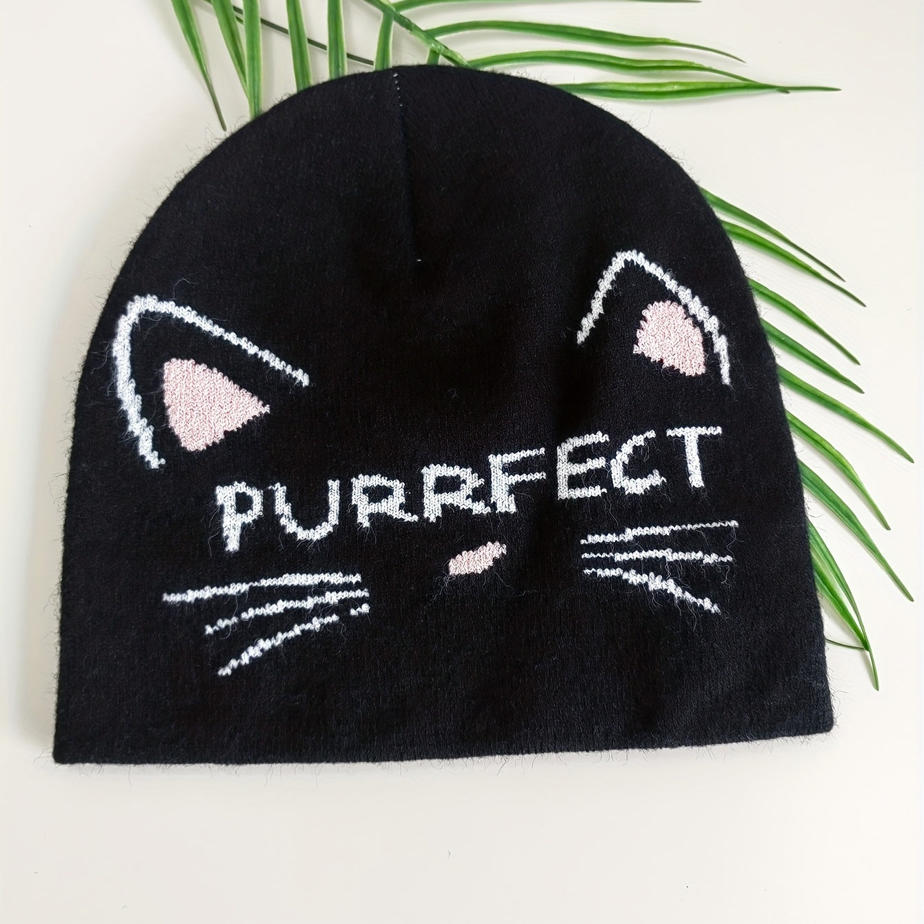 Cat Jacquard Beanie Lightweight Elastic Knit Hat Warm Skull Cap