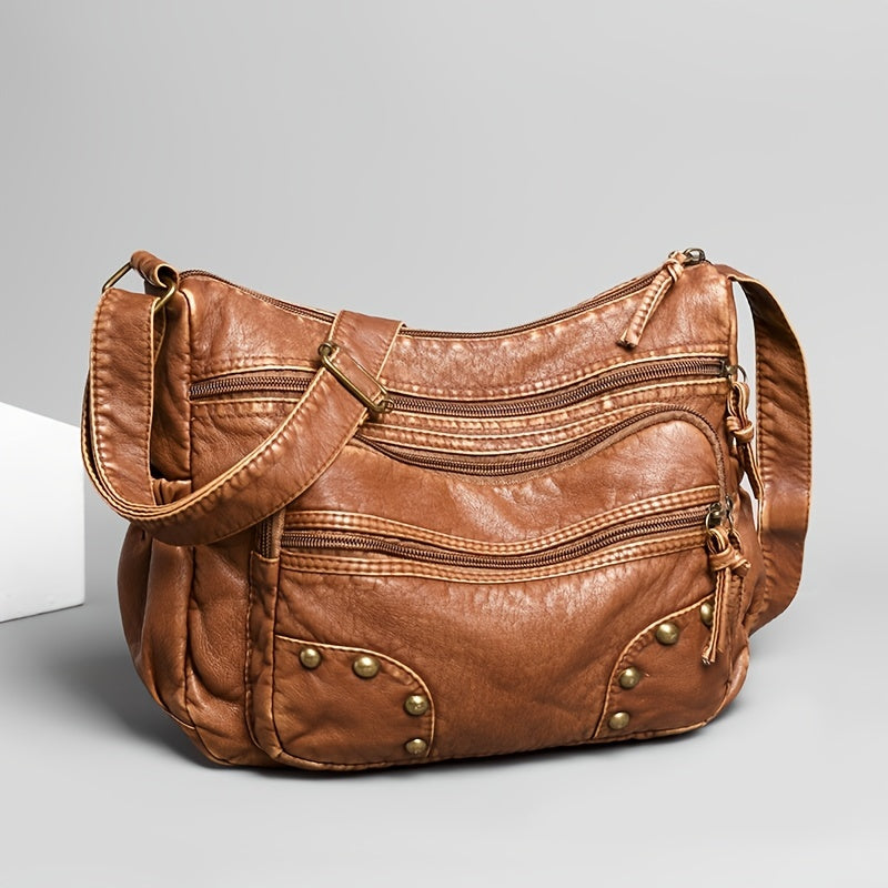 Studded Decor Crossbody Bag Retro Style Shoulder Bag PU Leather