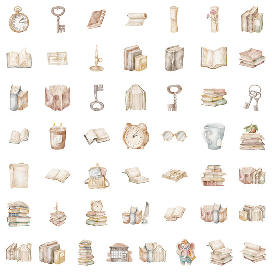 50pcs Vintage Book Stickers Reusable Self Adhesive Mixed Colors Cartoon Decals