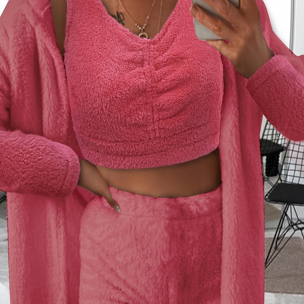  Solid Fuzzy Fleece Cardigan, Tank Top & Shorts Set