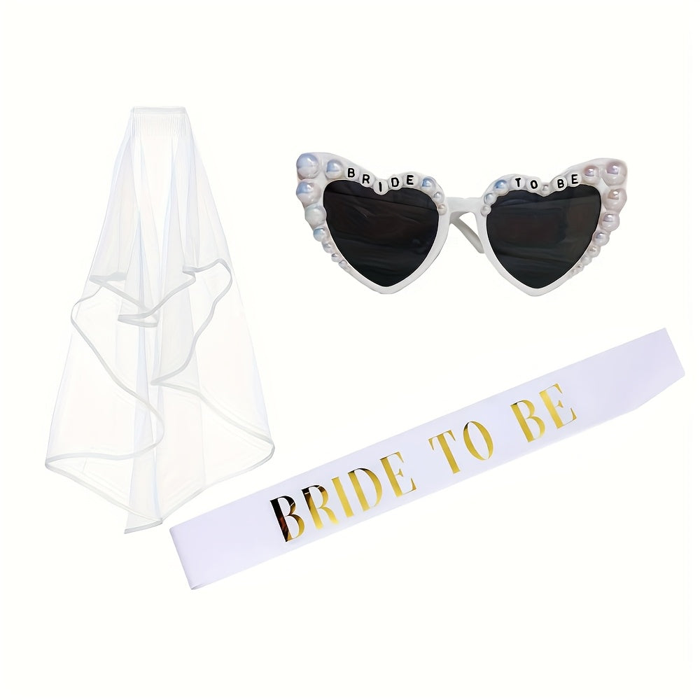 3pcs Bride to Be Glasses Sash and Veil Wedding Bridal Bachelorette Party