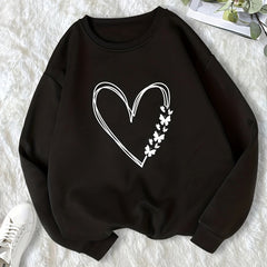 Heart & Butterfly Print Sweatshirt Cozy Crew Neck Top