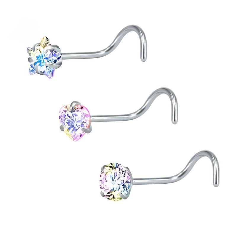 3 Pcs Heart Star Round Zircon Nose Rings Set Stainless Steel Cartilage Stud