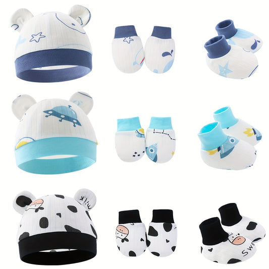 3 Piece Soft Cotton Newborn Baby Set: Beanie Knot Hat, Mittens & Socks
